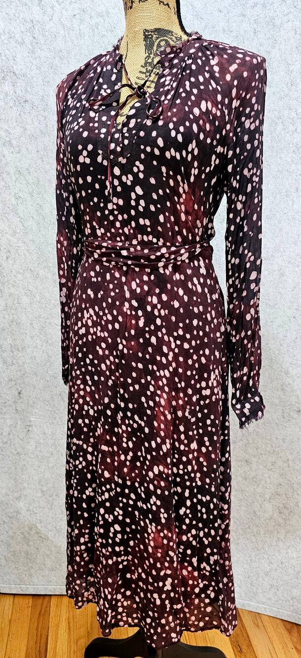 Anthroplogie Cloth & Stone Tie Waist Midi Dress Wine Print Long Sleeve XS New